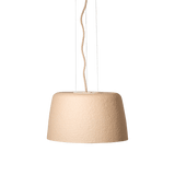 Barcelona Collection Ceiling Lamp: a small pendant made from recycled paper and FSC-certified wood, emitting a soft light.