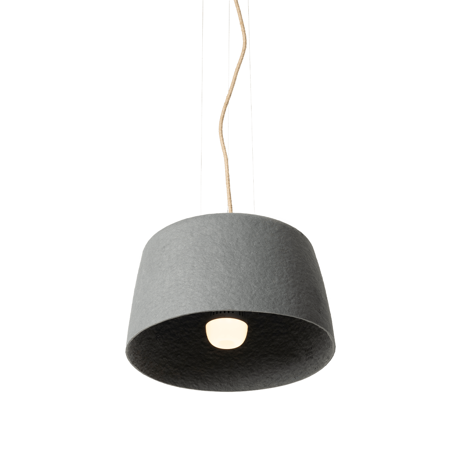 Barcelona Collection Ceiling Lamp: a small pendant made from recycled paper and FSC-certified wood, emitting a soft light.